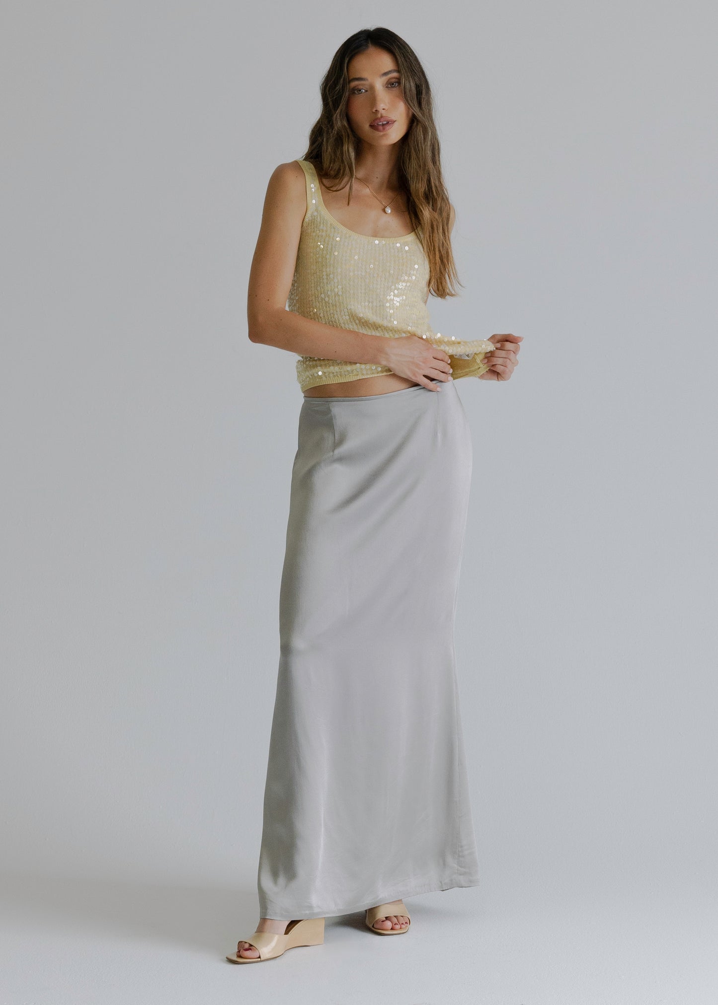 Sultry Satin Silver Maxi Skirt