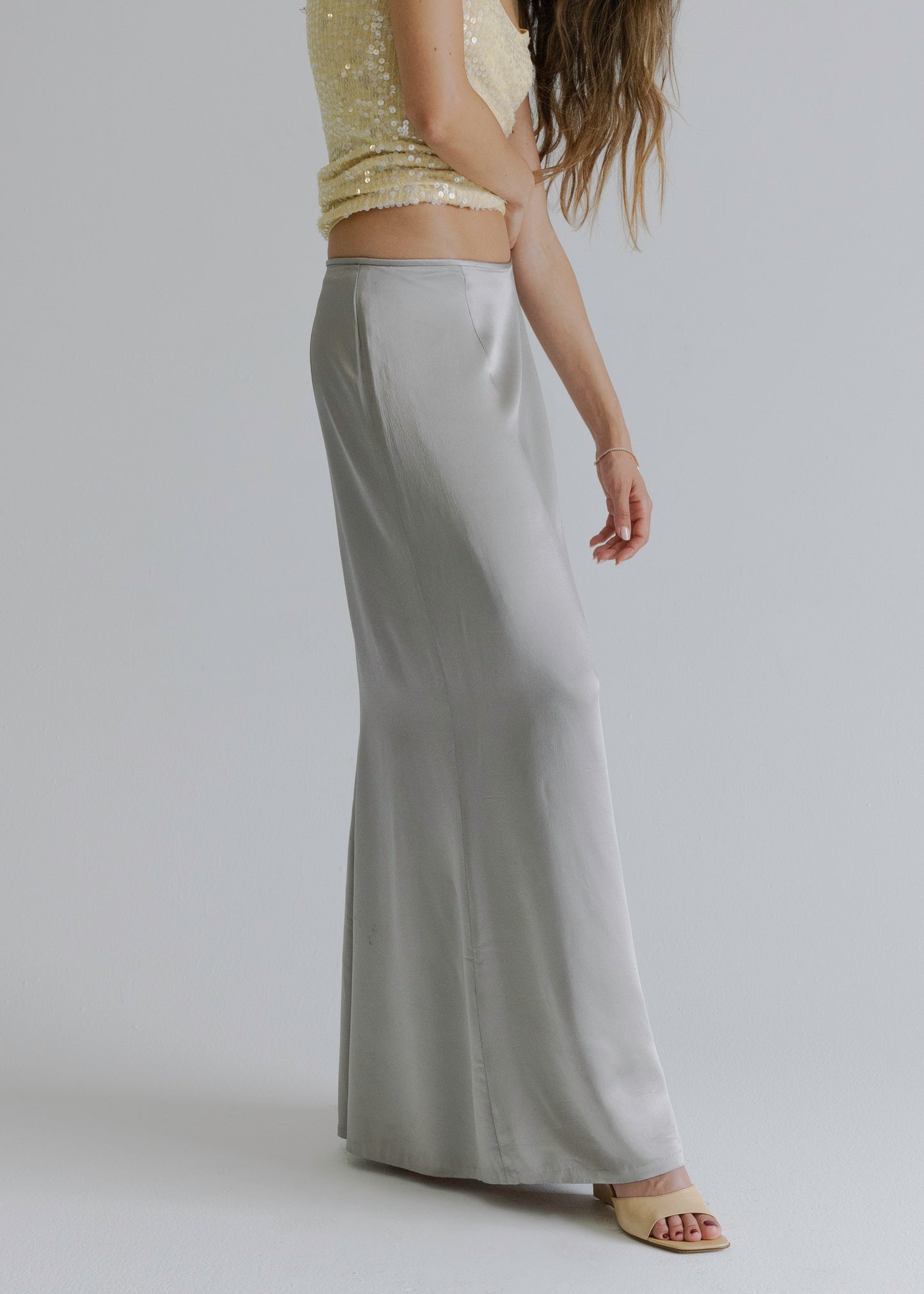 Sultry Satin Silver Maxi Skirt