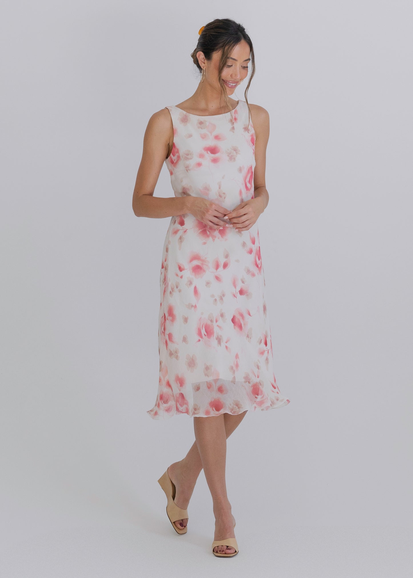 Pink Floral Print Midi Dress