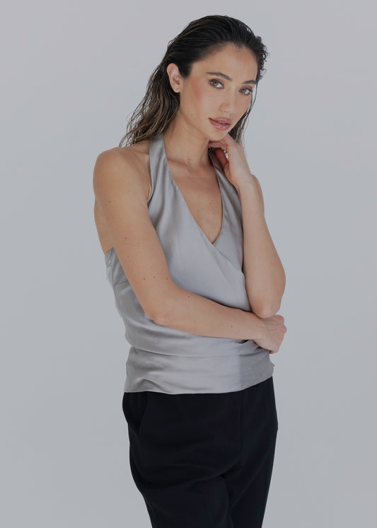 Silky Silver Halter Top